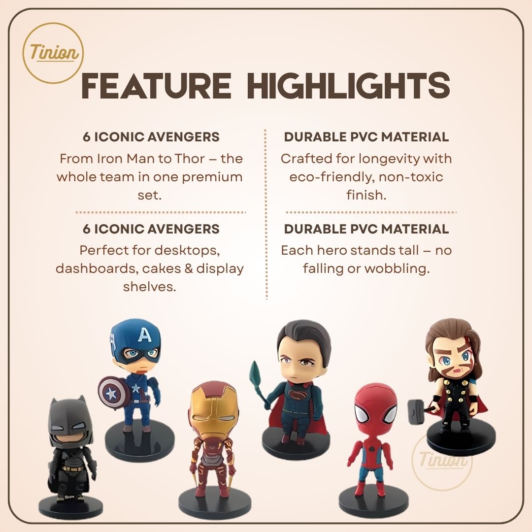Tinion | Avengers Action Figure Set (6-Pack) – 10cm Miniature Collectibles for Desk, Car, Cake & Decor