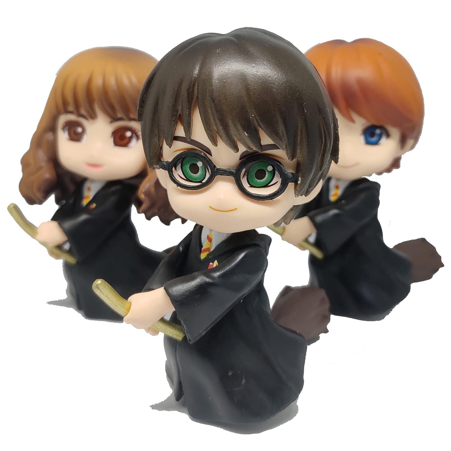 Tinion || Harry Potter Set of 3 Wizard-Themed Action Figures with Broom – Special Edition Miniatures for Car Dashboard, Desk, Cake Decoration, and Study Table (Height: 8 cm)