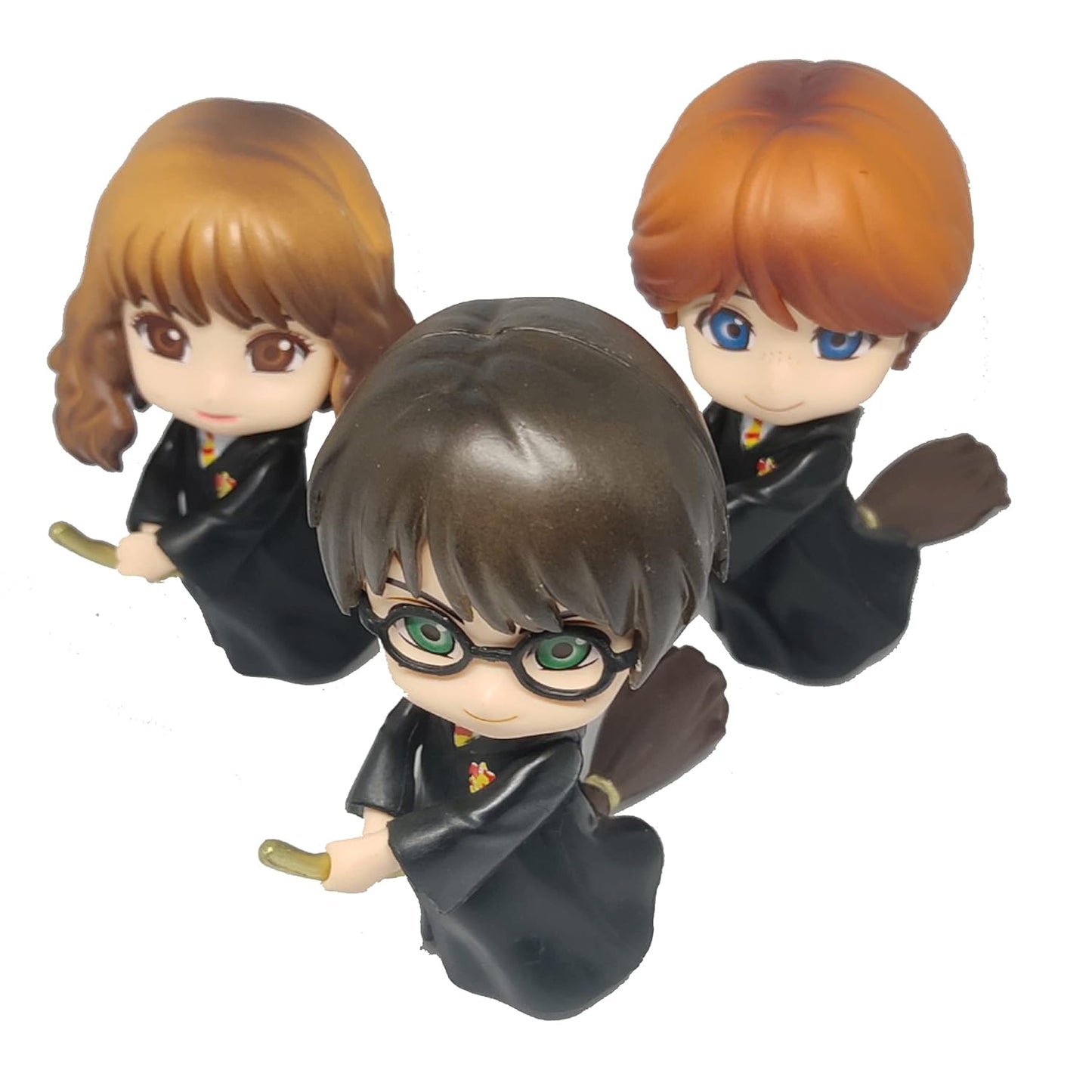 Tinion || Harry Potter Set of 3 Wizard-Themed Action Figures with Broom – Special Edition Miniatures for Car Dashboard, Desk, Cake Decoration, and Study Table (Height: 8 cm)