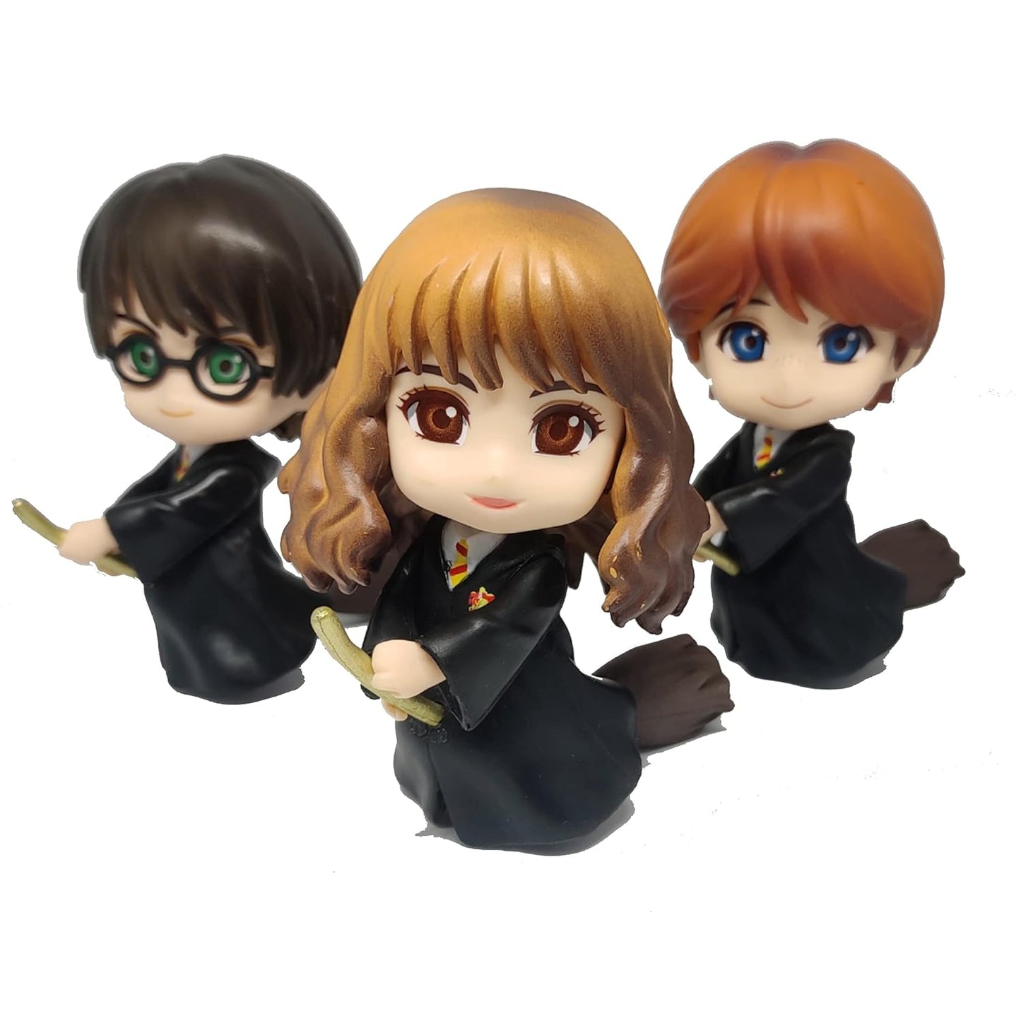 Tinion || Harry Potter Set of 3 Wizard-Themed Action Figures with Broom – Special Edition Miniatures for Car Dashboard, Desk, Cake Decoration, and Study Table (Height: 8 cm)